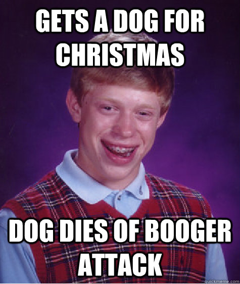 Gets a dog for christmas Dog dies of booger attack  Bad Luck Brian