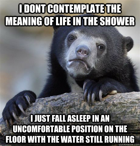 i dont contemplate the meaning of life in the shower i just fall asleep in an uncomfortable position on the floor with the water still running  Confession Bear