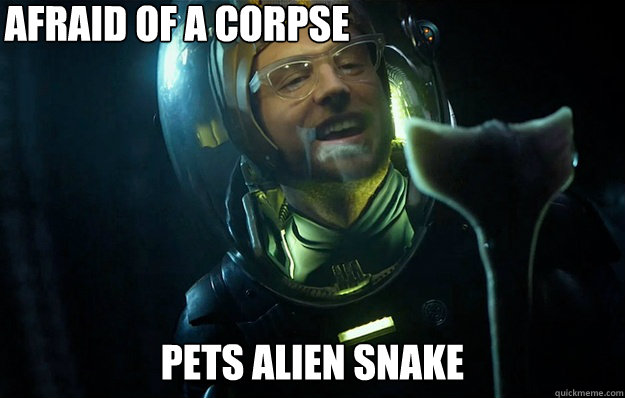 pets alien snake afraid of a corpse  