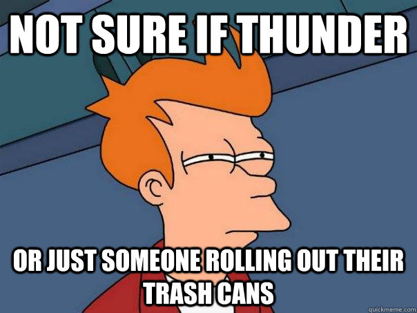 Not sure if thunder Or just someone rolling out their trash cans  Futurama Fry