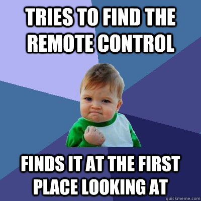 Tries to find the remote control Finds it at the first place looking at  Success Kid