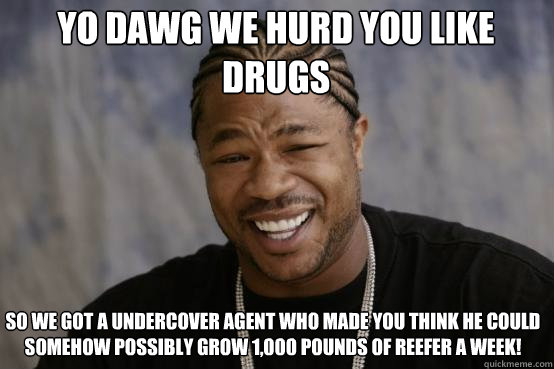  so we got a undercover agent who made you think he could somehow possibly grow 1,000 pounds of reefer a week! Yo Dawg we hurd you like drugs  YO DAWG