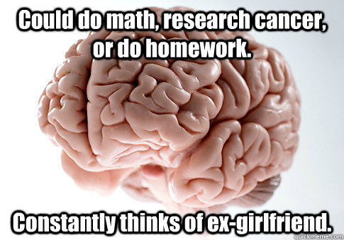 Could do math, research cancer, or do homework. Constantly thinks of ex-girlfriend.   Scumbag Brain