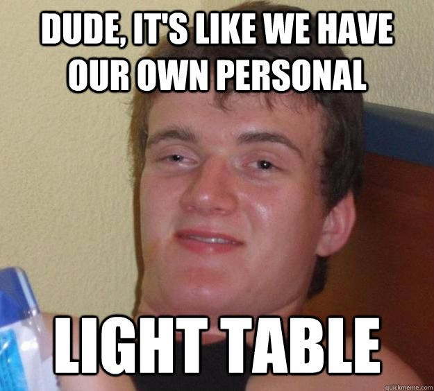 Dude, it's like we have our own personal Light Table  10 Guy