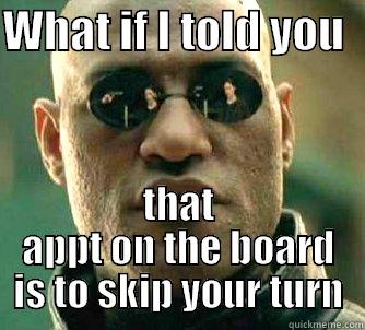 WHAT IF I TOLD YOU   THAT APPT ON THE BOARD IS TO SKIP YOUR TURN Matrix Morpheus