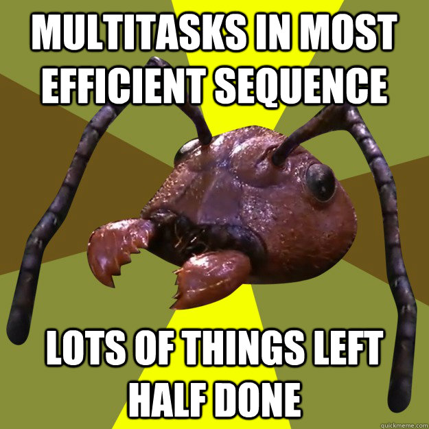 Multitasks in most efficient sequence lots of things left half done  over-efficient ant