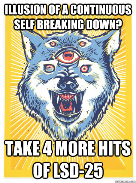 Illusion of a continuous self breaking down?  take 4 more hits of LSD-25 - Illusion of a continuous self breaking down?  take 4 more hits of LSD-25  Acid Wolf