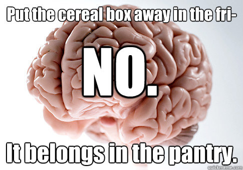 Put the cereal box away in the fri- It belongs in the pantry. NO.  Scumbag Brain