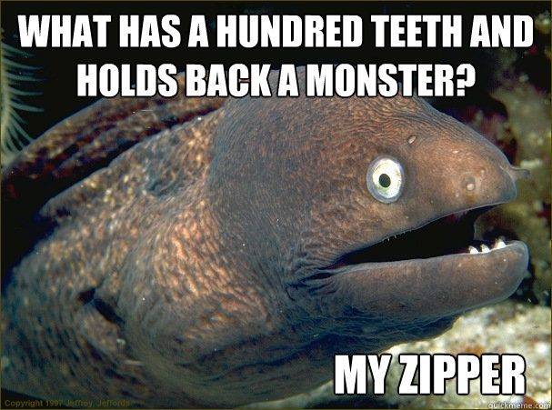 what has a hundred teeth and holds back a monster? my zipper  Bad Joke Eel