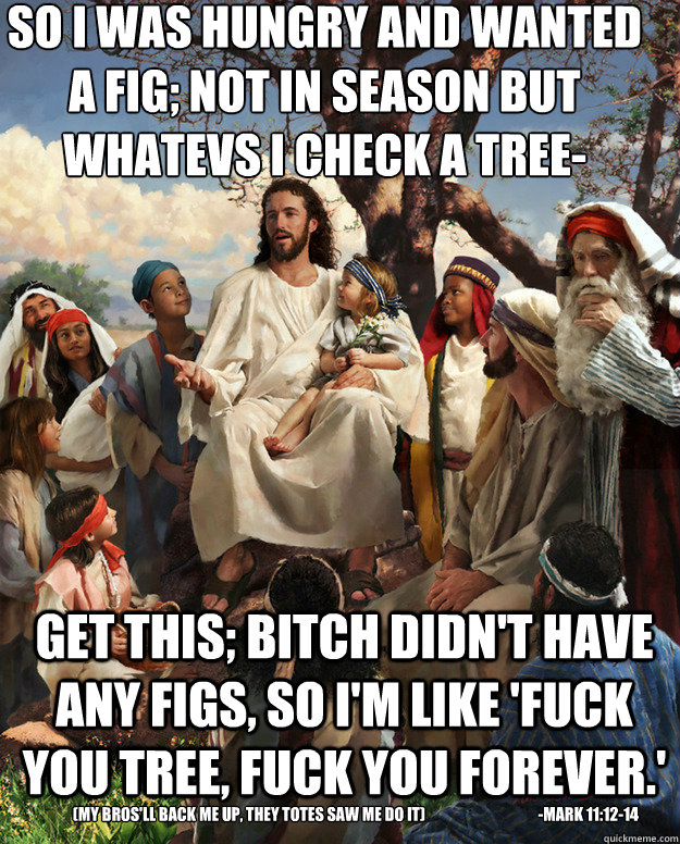 So I was hungry and wanted  a Fig; not in season but Whatevs I check a tree- get this; bitch didn't have any figs, so I'm like 'fuck you tree, fuck you forever.' (My bros'll back me up, they totes saw me do it)                                     -mark 11  Story Time Jesus