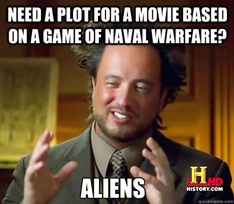 Need a plot for a movie based on a game of naval warfare? aliens  