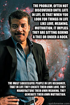 The problem, often not discovered until late in life, is that when you look for things in life like love, meaning, motivation, it implies they are sitting behind a tree or under a rock. The most successful people in life recognize, that in life they creat  Neil deGrasse Tyson