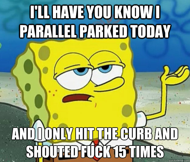 I'll have you know i parallel parked today and I only hit the curb and shouted fuck 15 times  Tough Spongebob