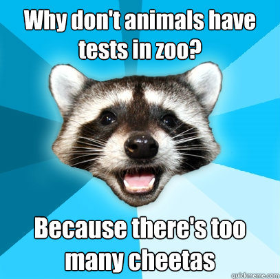 Why don't animals have tests in zoo? Because there's too many cheetas  Lame Pun Coon