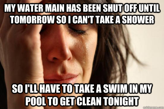 my water main has been shut off until tomorrow so i can't take a shower so i'll have to take a swim in my pool to get clean tonight - my water main has been shut off until tomorrow so i can't take a shower so i'll have to take a swim in my pool to get clean tonight  First World Problems