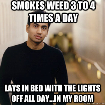 Smokes weed 3 to 4 times a day lays in bed with the lights off all day...in my room  Straight A Stoner