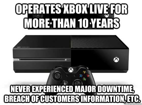 Operates xbox live for more than 10 years  Never experienced major downtime, breach of customers information, etc.   Xbox