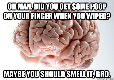 Oh man. Did you get some poop on your finger when you wiped? Maybe you should smell it, bro.  Scumbag Brain