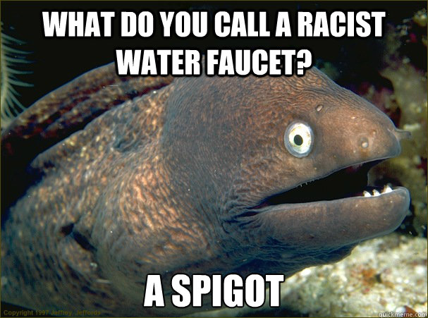 What do you call a racist water faucet? a spigot  Bad Joke Eel