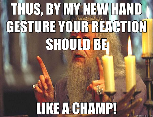 THUS, BY MY NEW HAND GESTURE YOUR REACTION SHOULD BE LIKE A CHAMP!  Scumbag Dumbledore