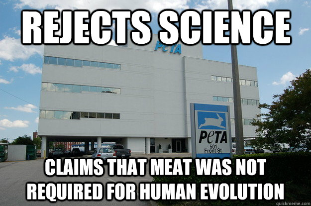 Rejects science claims that meat was not required for human evolution   