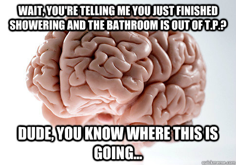 wait, you're telling me you just finished showering and the bathroom is out of t.p.? dude, you know where this is going...  Scumbag Brain