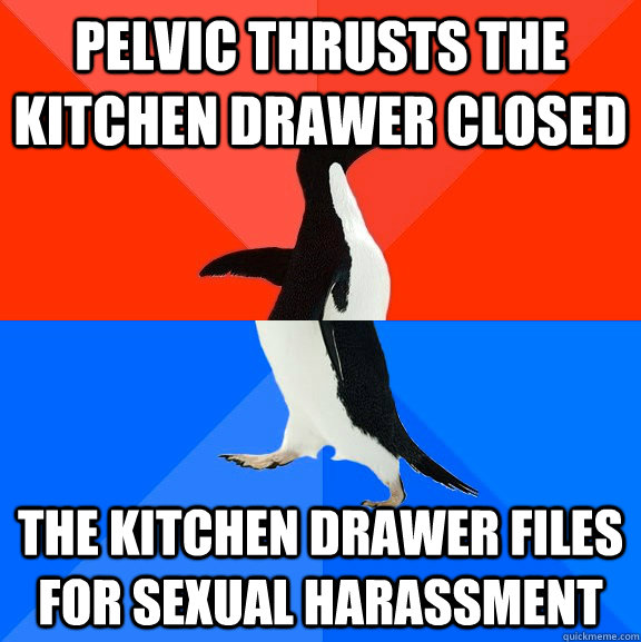 Pelvic thrusts the kitchen drawer closed The kitchen drawer files for sexual harassment - Pelvic thrusts the kitchen drawer closed The kitchen drawer files for sexual harassment  Socially Awesome Awkward Penguin