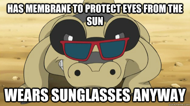 Has membrane to protect eyes from the sun Wears sunglasses anyway - Has membrane to protect eyes from the sun Wears sunglasses anyway  Sunglasses Sandile