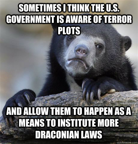 Sometimes I think the U.S. Government is aware of terror plots and allow them to happen as a means to institute more draconian laws   Confession Bear