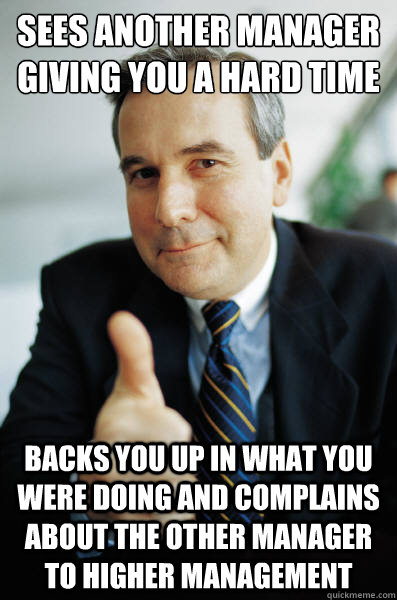 Sees another manager giving you a hard time backs you up in what you were doing and complains about the other manager to higher management  - Sees another manager giving you a hard time backs you up in what you were doing and complains about the other manager to higher management   Good Guy Boss