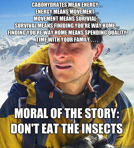 cabohydrates mean energy . . 
energy means movement . .
movement means surivial . .
survival means finiding you're way home . .
finding you're way home means spending quality time with your family . . . .
 moral of the story: don't eat the insects  Bear Grylls