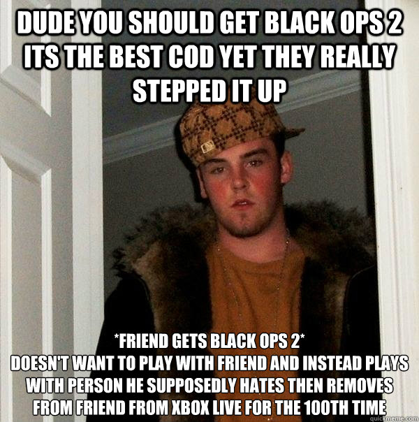 Dude you should get black ops 2 its the best cod yet they really stepped it up *Friend gets black ops 2*
Doesn't want to play with friend and instead plays with person he supposedly hates then removes from friend from xbox live for the 100th time  Scumbag Steve