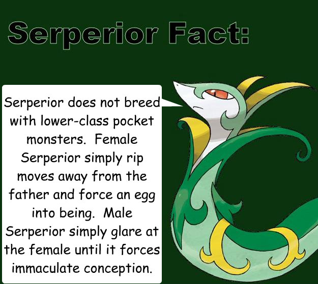 Serperior does not breed with lower-class pocket monsters.  Female Serperior simply rip moves away from the father and force an egg into being.  Male Serperior simply glare at the female until it forces immaculate conception. - Serperior does not breed with lower-class pocket monsters.  Female Serperior simply rip moves away from the father and force an egg into being.  Male Serperior simply glare at the female until it forces immaculate conception.  Serperior Facts