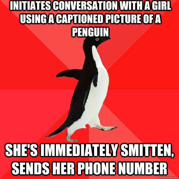 Initiates conversation with a girl using a captioned picture of a penguin she's immediately smitten, sends her phone number  Socially Awesome Penguin