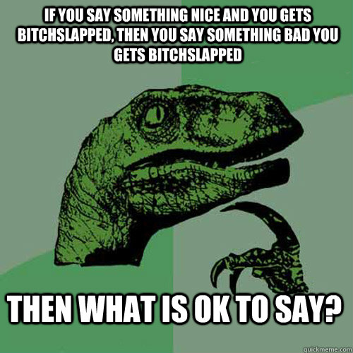 If you say something nice and you gets bitchslapped, then you say something bad you gets bitchslapped then what is ok to say?  Philosoraptor