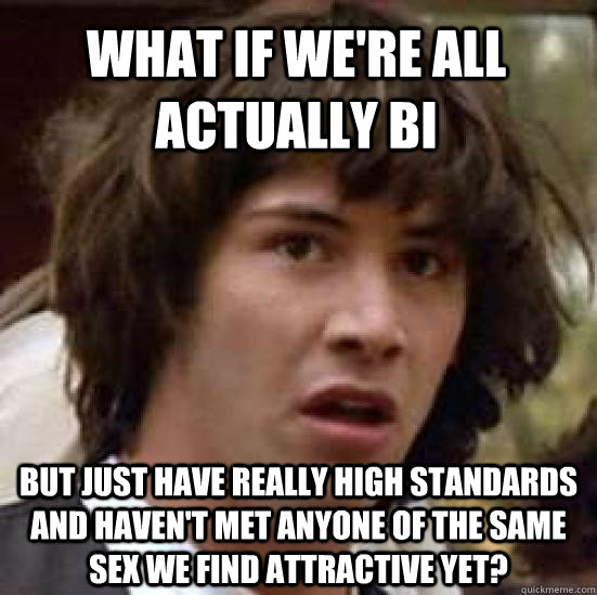 what if we're all actually bi but just have really high standards and haven't met anyone of the same sex we find attractive yet?  conspiracy keanu