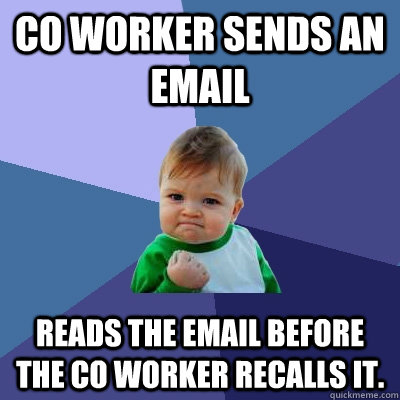 Co worker sends an email Reads the email before the co worker recalls it.  Success Kid