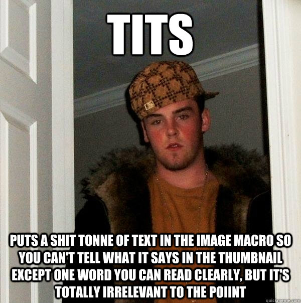 TITS Puts a shit tonne of text in the image macro so you can't tell what it says in the thumbnail except one word you can read clearly, but it's totally irrelevant to the poiint  Scumbag Steve