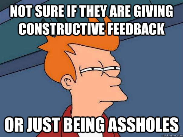 Not sure if they are giving constructive feedback Or just being assholes - Not sure if they are giving constructive feedback Or just being assholes  Futurama Fry