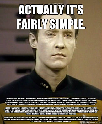 Actually It's fairly simple.
 When you load a torrent file into your client it uses information inside of that file to connect to one or more trackers. Trackers are servers that keep track of who is downloading what torrent. The tracker(s) will tell your   Doesnt Get it Data