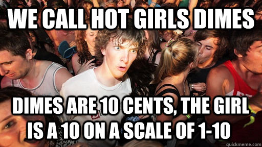 we call hot girls dimes  dimes are 10 cents, the girl is a 10 on a scale of 1-10   Sudden Clarity Clarence