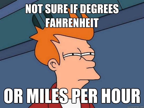 Not sure if degrees Fahrenheit Or miles per hour  Futurama Fry