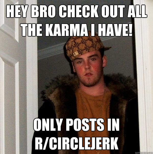 Hey bro check out all the karma I have! Only posts in r/circlejerk  Scumbag Steve