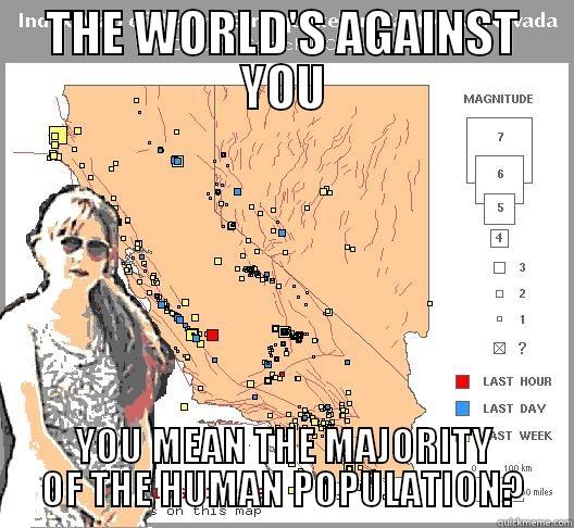 THE WORLD'S AGAINST YOU YOU MEAN THE MAJORITY OF THE HUMAN POPULATION? Misc