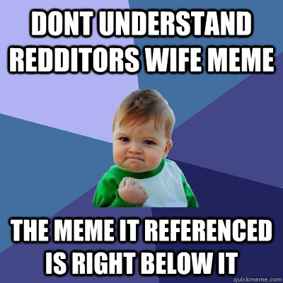 Dont understand redditors wife meme the meme it referenced is right below it  Success Kid