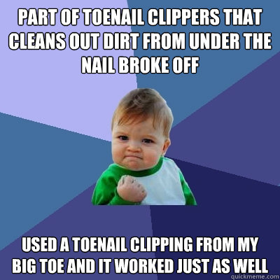 part of toenail clippers that cleans out dirt from under the nail broke off used a toenail clipping from my big toe and it worked just as well - part of toenail clippers that cleans out dirt from under the nail broke off used a toenail clipping from my big toe and it worked just as well  Misc