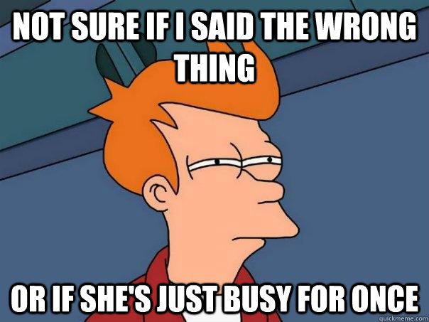 Not sure if I said the wrong thing Or if she's just busy for once  Futurama Fry