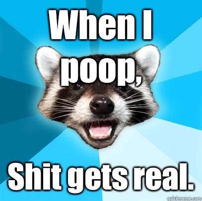 When I poop, Shit gets real.  Lame Pun Coon