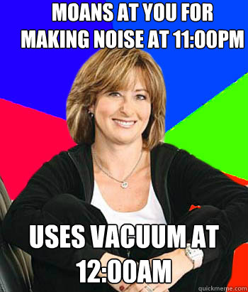 Moans at you for making noise at 11:00pm uses vacuum at 12:00am  Sheltering Suburban Mom