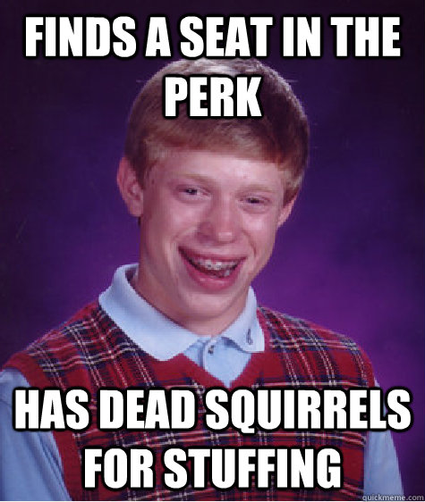 Finds a seat in the perk has dead squirrels for stuffing  Bad Luck Brian